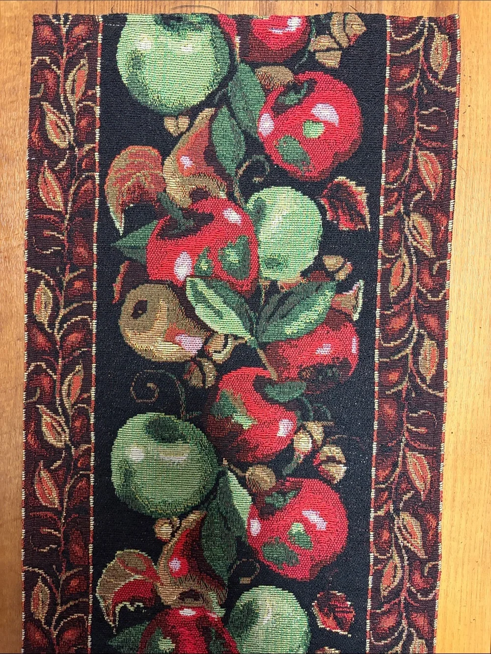 Vintage Tapestry Table Black Runner with Red and Green Apple Motif 64x12.5 EUC